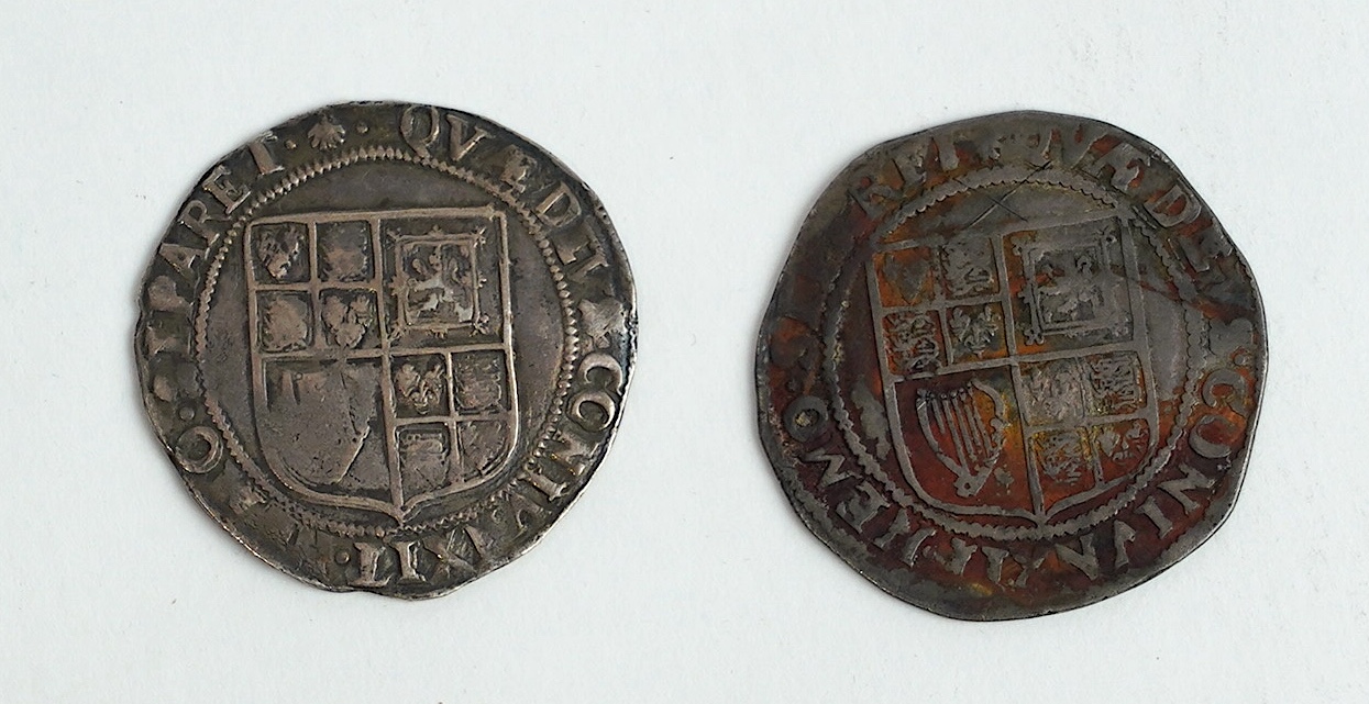 British hammered silver coins, James I, shilling (S2646), mm. escallop, c.1606-7, fine or better, and shilling (S2646), mm. possibly grapes, c.1607, fine or better (2)